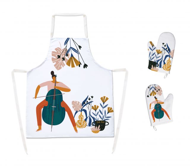 Set of aprons and oven gloves plants and music