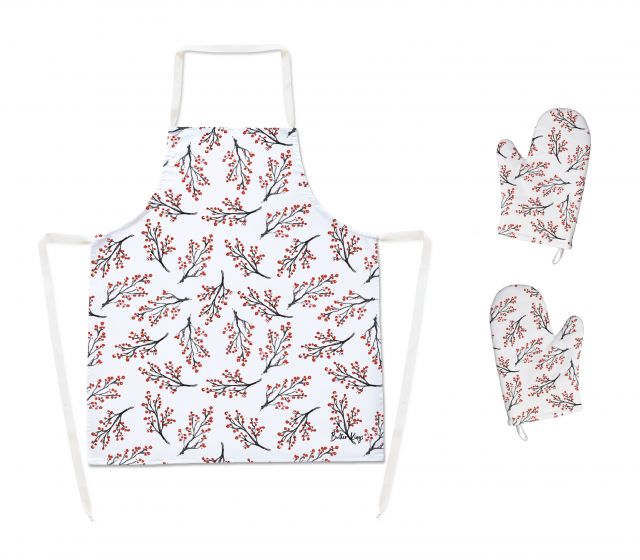 Set of apron and oven gloves rowan berries