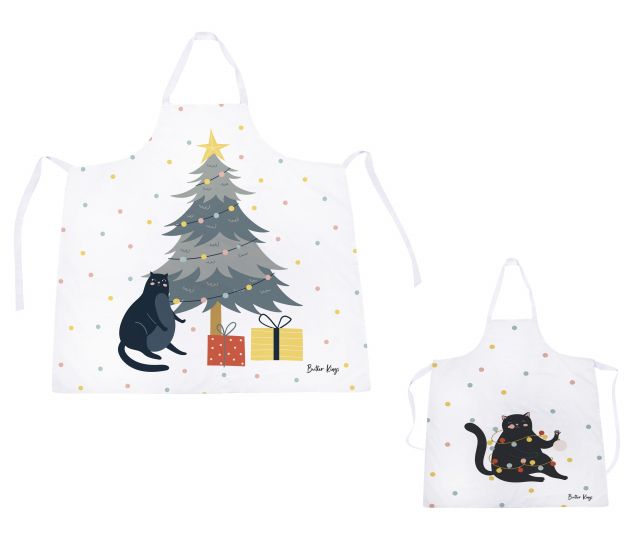 Set of adult and children's aprons crazy cat xmas