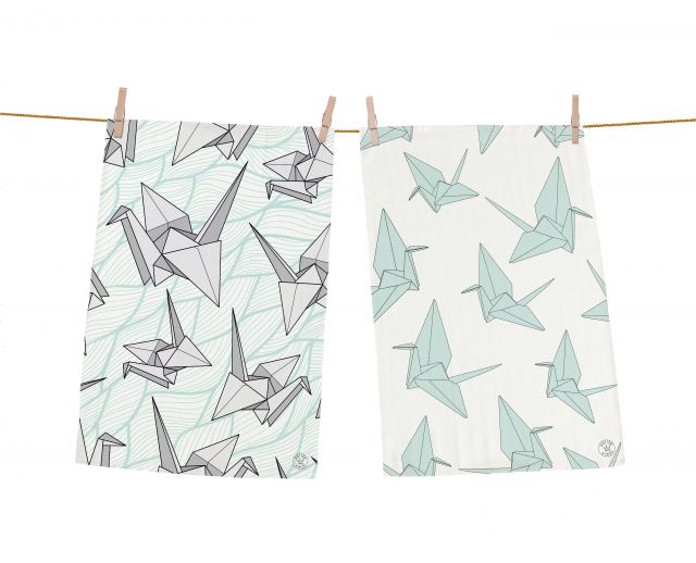 Dish towels set bird origami