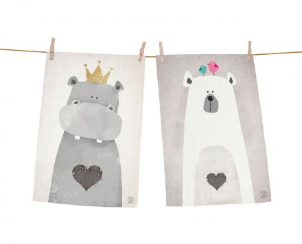 Dish towels set hippo and bear